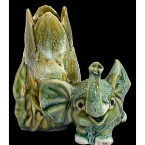 Vintage Elephant & Lotus Planter/Holder Hand-Glazed Ceramic Green & Brown